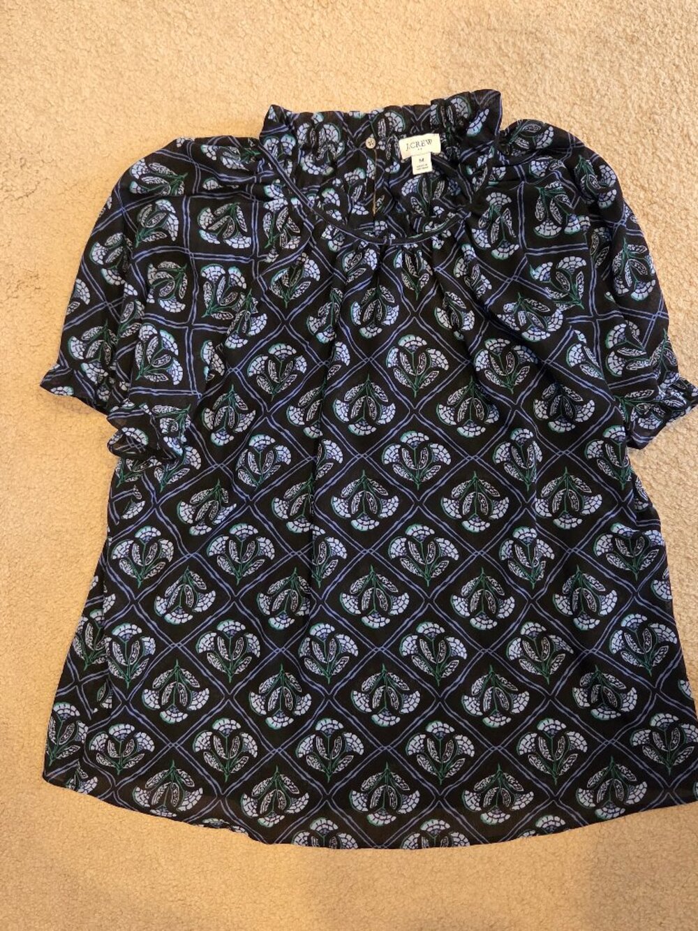 J Crew Factory NWOT Blue Black Floral Ruffle Top Size M